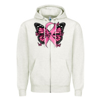 Oatmeal Heather breast cancer ribbon  butterfly Zipper Hoodie - MaliasSmallBusiness
