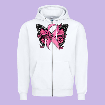 Breast Cancer Ribbon  Butterfly Zipper Hoodie Designed By Maliassmallbusiness