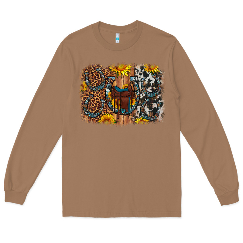 Saddle Sunflower Horseshoe Cowhide Leopard Background Long Sleeve Tee by Artiststas | Teevron