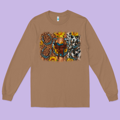 Saddle Sunflower Horseshoe Cowhide Leopard Background Long Sleeve Tee Designed By Artiststas