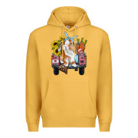 Mustard Easter truck with bunny sunflowers and eggs Premium Hoodie - RanaPortraitStore