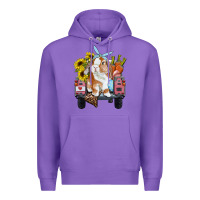 Purple Easter truck with bunny sunflowers and eggs Premium Hoodie - RanaPortraitStore