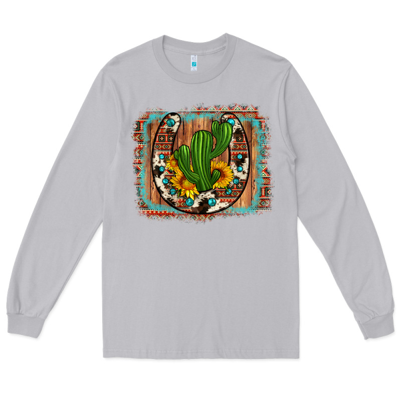Cactus Sunflower Cowhide Horseshoe  Background Long Sleeve Tee by Artiststas | Teevron