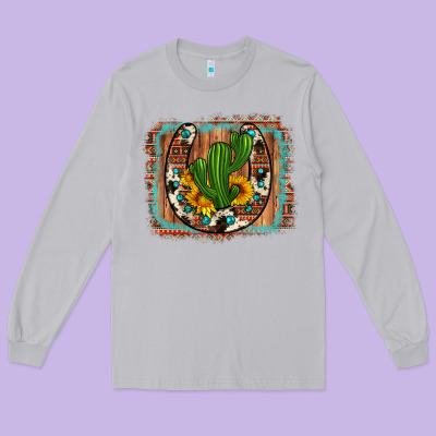 Cactus Sunflower Cowhide Horseshoe  Background Long Sleeve Tee Designed By Artiststas