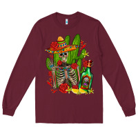 Burgundy skeleton with sombrero and tequila Long Sleeve Tee - AdoDesignShop