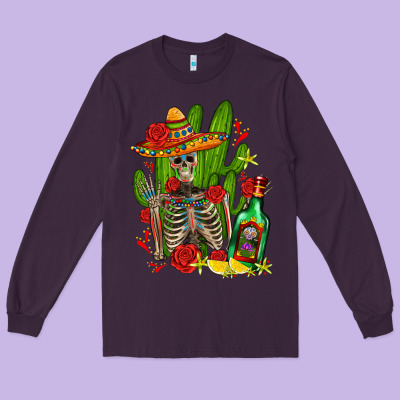 Skeleton With Sombrero And Tequila Long Sleeve Tee Designed By Adodesignshop