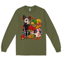 Army Green mexican dead day with skeleton cat Long Sleeve Tee - AdoDesignShop