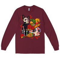 Burgundy mexican dead day with skeleton cat Long Sleeve Tee - AdoDesignShop