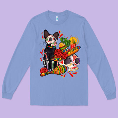 Mexican Dead Day With Skeleton Cat Long Sleeve Tee Designed By Adodesignshop