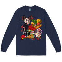Navy mexican dead day with skeleton cat Long Sleeve Tee - AdoDesignShop
