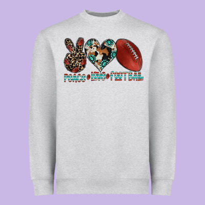 Peace Love Football Heavyweight Sweatshirt Designed By Cowhidedigitalart