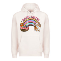 Pale Pink Happy Easter Bunny And Egg Basket Rainbow Premium Hoodie - RanaPortraitStore
