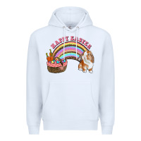 White Happy Easter Bunny And Egg Basket Rainbow Premium Hoodie - RanaPortraitStore