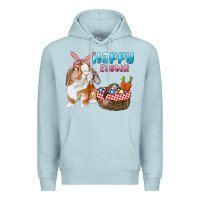 Blue Mist Happy Easter Bunny And Egg Basket Premium Hoodie - RanaPortraitStore