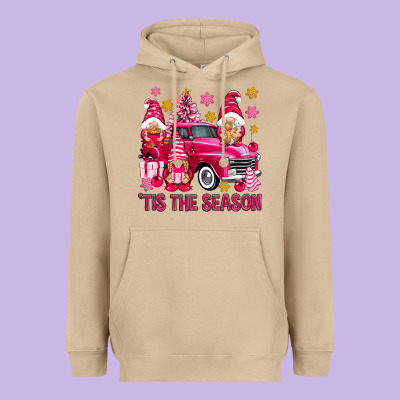 Tis' The Season Pink Christmas Gnomes Truck Heavyweight Hoodie Designed By Nancycooperartshop