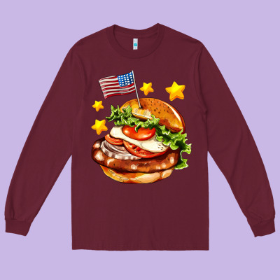 American Flag And Hamburger Long Sleeve Tee Designed By Adodesignshop