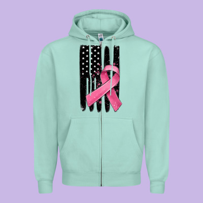 Breast Cancer Ribbon American Flag Zipper Hoodie Designed By Maliassmallbusiness