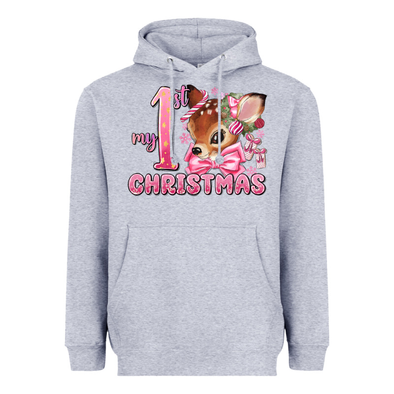My First Christmas Pink Reindeer Heavyweight Hoodie by MaliasSmallBusiness | Teevron