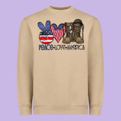 Peace Love America Heavyweight Sweatshirt Designed By Cowhidedigitalart