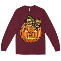 Burgundy Leopard Ribbon Halloween Pumkin Long Sleeve Tee - JahusDesignShop