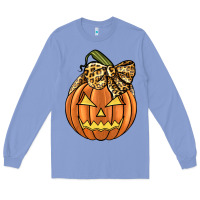 Colony Blue Leopard Ribbon Halloween Pumkin Long Sleeve Tee - JahusDesignShop