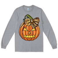 Heather Grey Leopard Ribbon Halloween Pumkin Long Sleeve Tee - JahusDesignShop