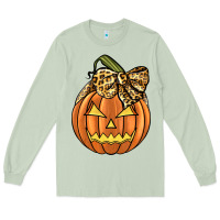 Matcha Leopard Ribbon Halloween Pumkin Long Sleeve Tee - JahusDesignShop