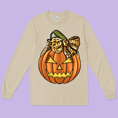 Leopard Ribbon Halloween Pumkin Long Sleeve Tee Designed By Jahusdesignshop