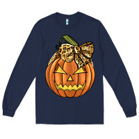 Navy Leopard Ribbon Halloween Pumkin Long Sleeve Tee - JahusDesignShop
