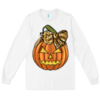 White Leopard Ribbon Halloween Pumkin Long Sleeve Tee - JahusDesignShop