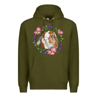 Army Green Bunny Face With Floral Wreath Premium Hoodie - RanaPortraitStore
