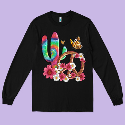 Cactus Peace Sign Flowers And Butterflys Long Sleeve Tee Designed By Artiststas