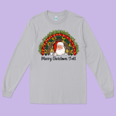 Merry Christmas Y'all Santa Rainbow Long Sleeve Tee Designed By Adodesignshop