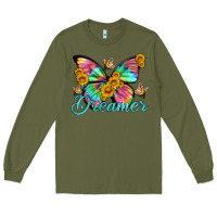 Army Green dreamer with Butterfly and sunflowers Long Sleeve Tee - Artiststas