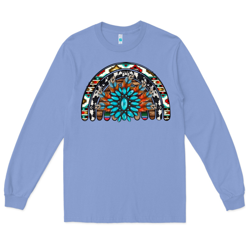 Western Turquoise Aztec Cowhide Serape  Rainbows Long Sleeve Tee by AdoDesignShop | Teevron