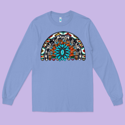 Western Turquoise Aztec Cowhide Serape  Rainbows Long Sleeve Tee Designed By Adodesignshop
