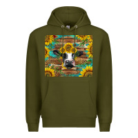Army Green holstein cow with sunflowers Premium Hoodie - BarkalooDesign