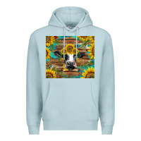 Blue Mist holstein cow with sunflowers Premium Hoodie - BarkalooDesign