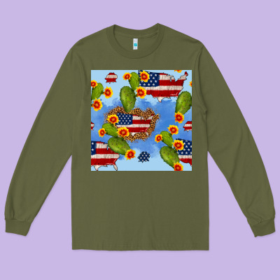 Usa Map Cactus And Sunflower Seamless Pattern Long Sleeve Tee Designed By Bundleandbundleshop