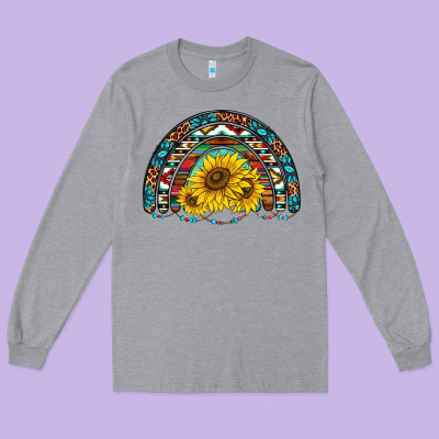 Western Sunflowers Aztec Leopard Serape  Rainbows Long Sleeve Tee Designed By Adodesignshop