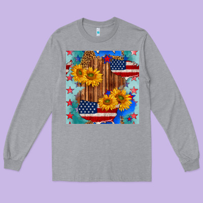 Usa Map With Sunflowers And Leopard Seamless Pattern Long Sleeve Tee Designed By Bundleandbundleshop