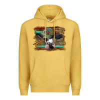 Antique Gold holstein cow with cap and leopard background Premium Hoodie - BarkalooDesign
