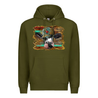 Army Green holstein cow with cap and leopard background Premium Hoodie - BarkalooDesign