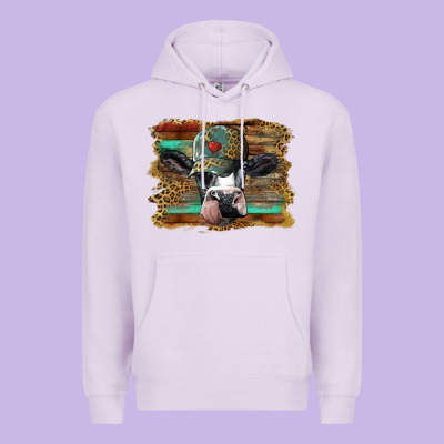 Holstein Cow With Cap And Leopard Background Premium Hoodie Designed By Barkaloodesign