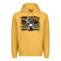 Mustard holstein cow with cap and leopard background Premium Hoodie - BarkalooDesign