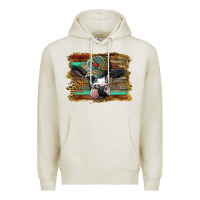 Oatmeal Heather holstein cow with cap and leopard background Premium Hoodie - BarkalooDesign
