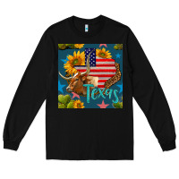 Black 4th of july texas map with cow seamless pattern Long Sleeve Tee - BundleAndBundleShop
