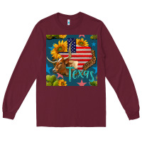 Burgundy 4th of july texas map with cow seamless pattern Long Sleeve Tee - BundleAndBundleShop