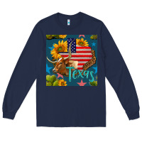 Navy 4th of july texas map with cow seamless pattern Long Sleeve Tee - BundleAndBundleShop