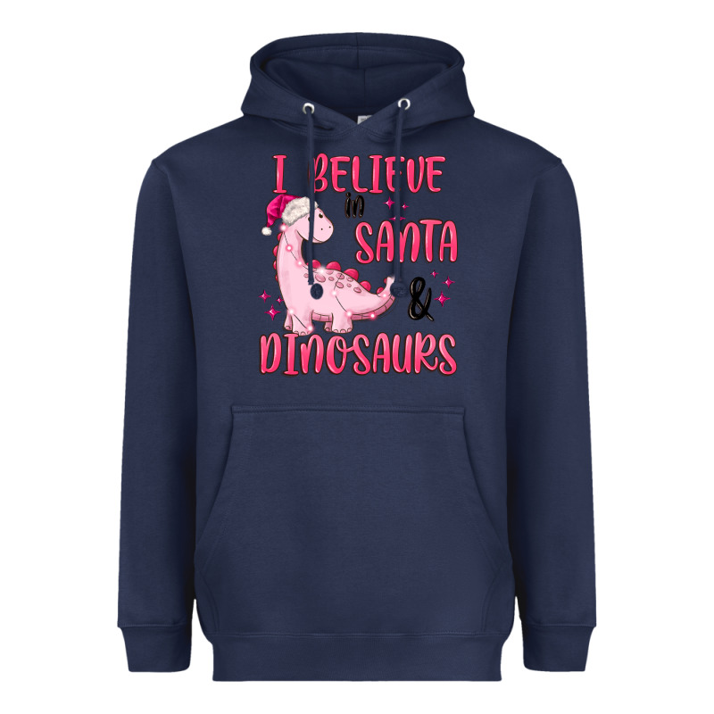 I Believe In Santa & Dinosaurs Pink Heavyweight Hoodie by MaliasSmallBusiness | Teevron